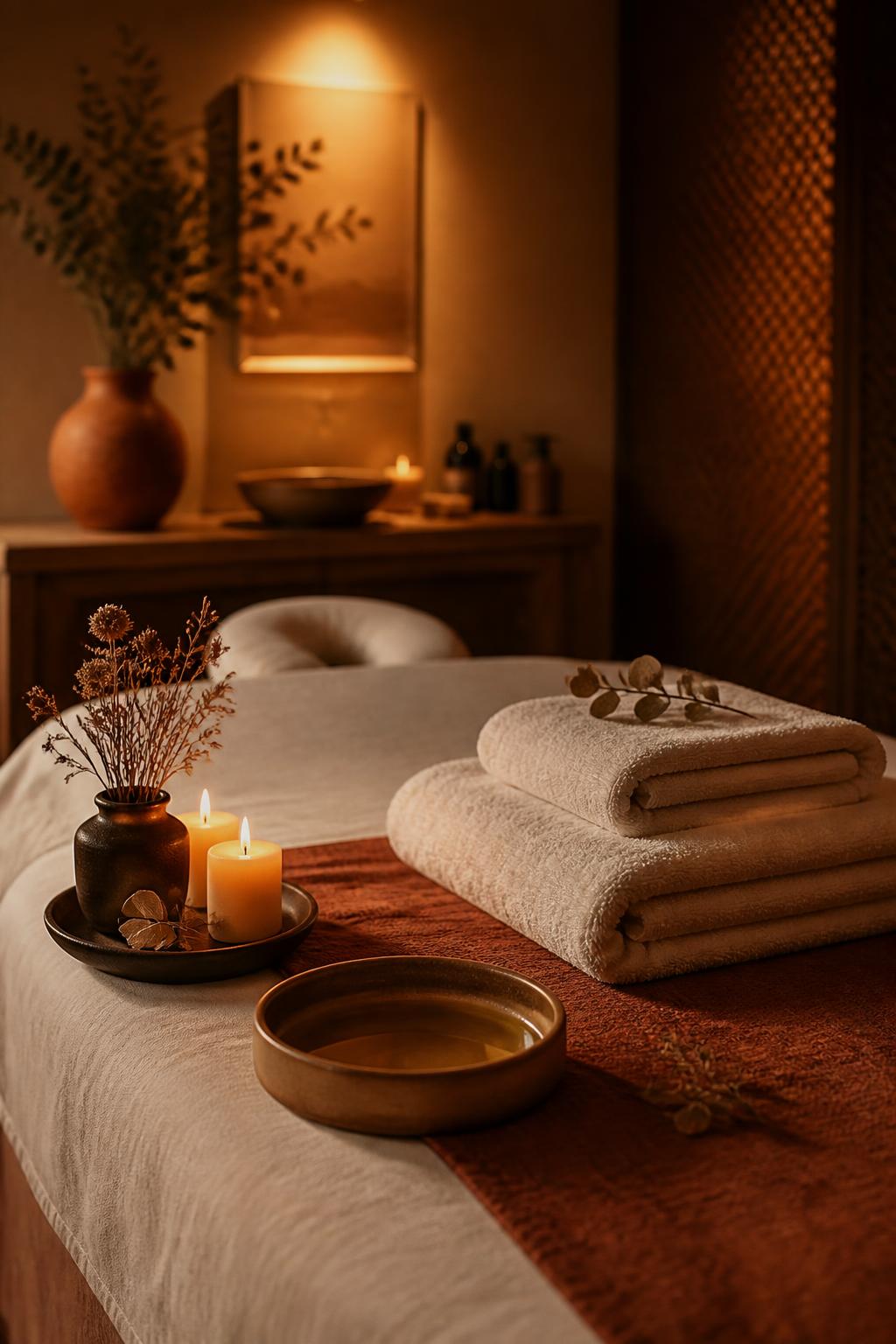 Ambiente de massagem preparado com velas, toalhas e óleos