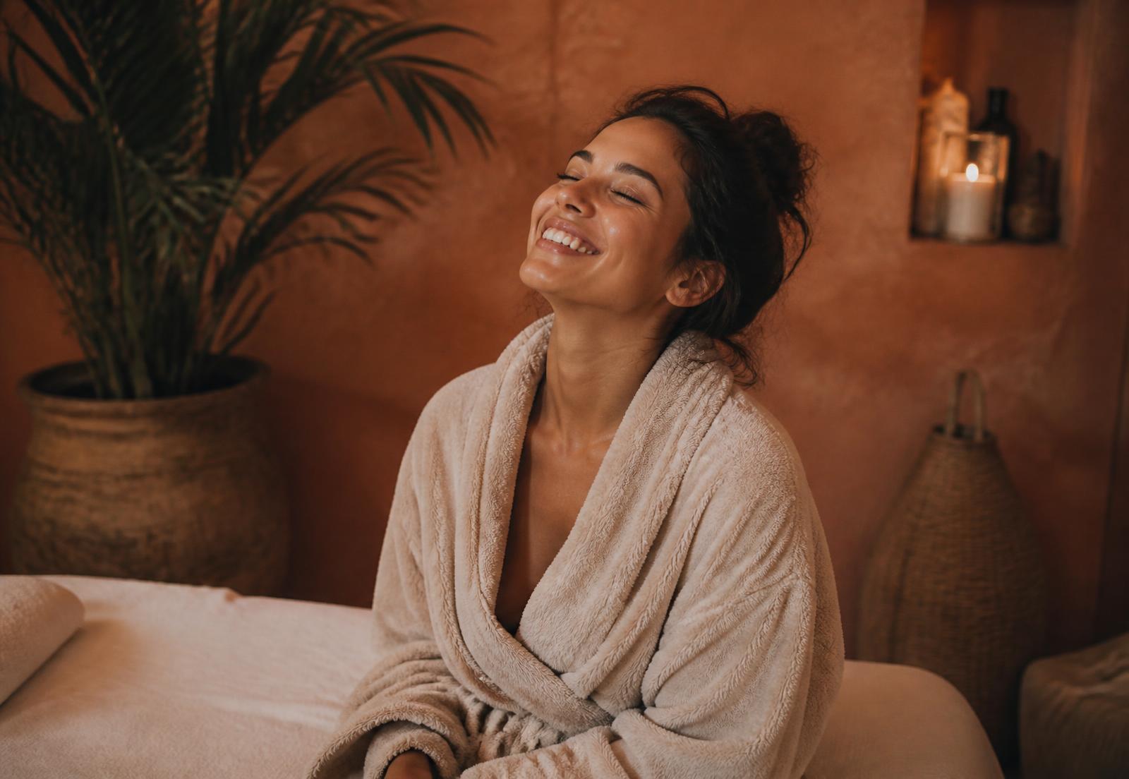 Hóspede sorrindo e relaxada após o atendimento