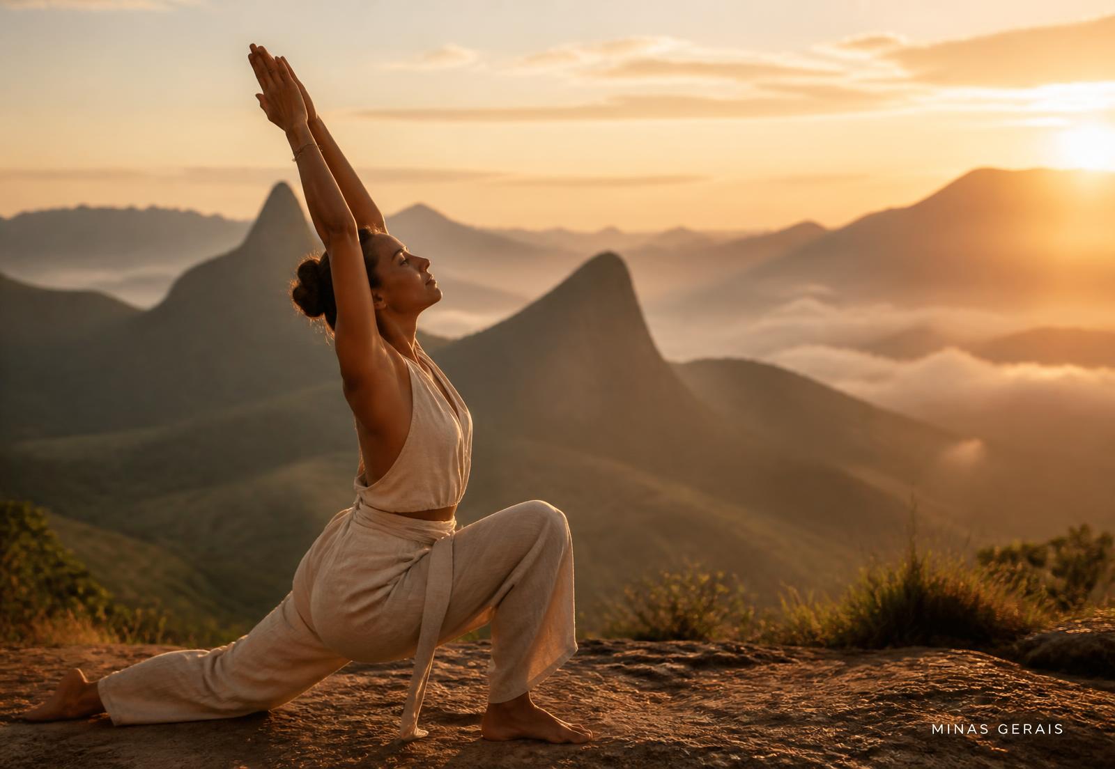 Prática de yoga ao nascer do sol nas montanhas