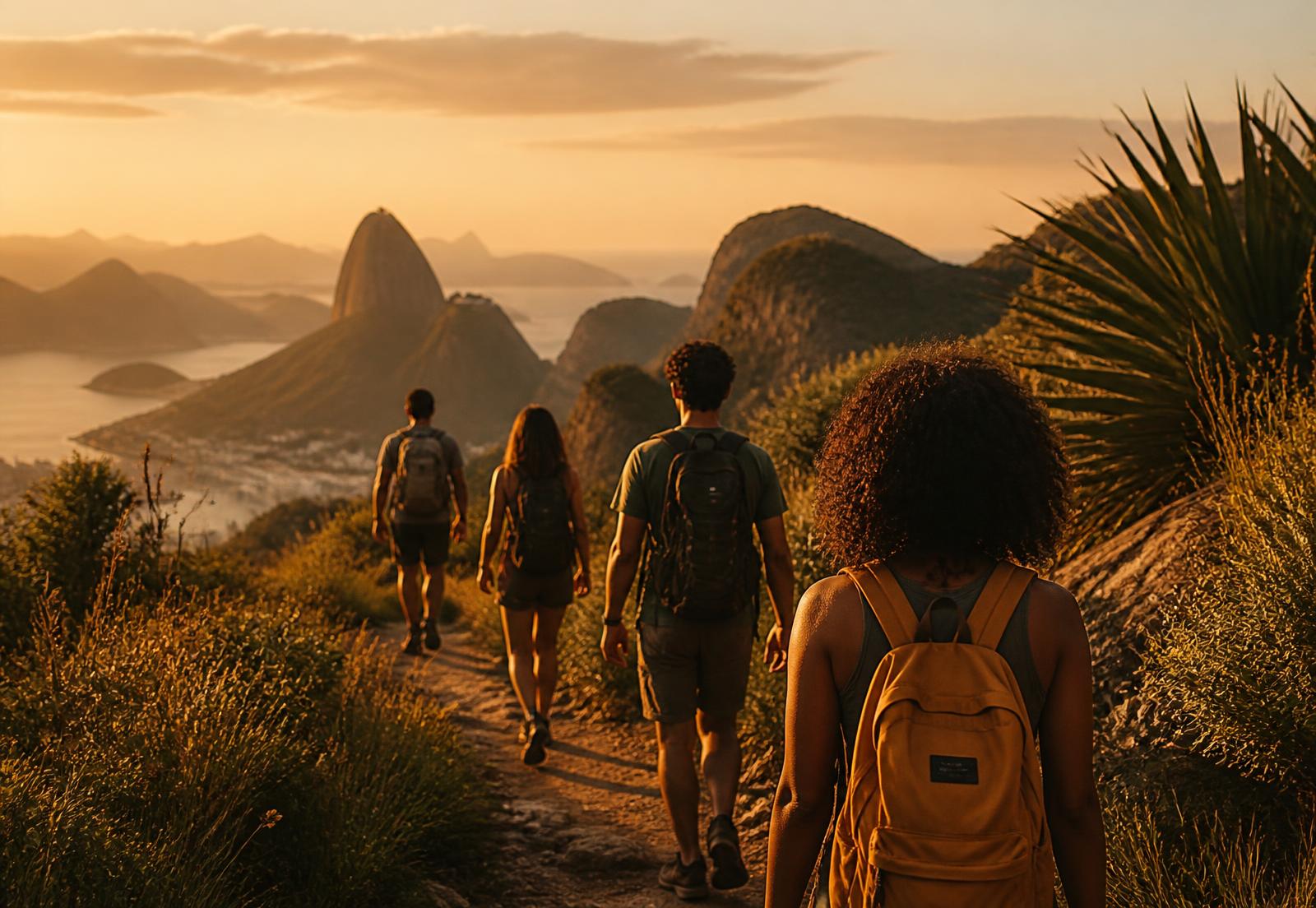 Grupo em trilha ao pôr do sol